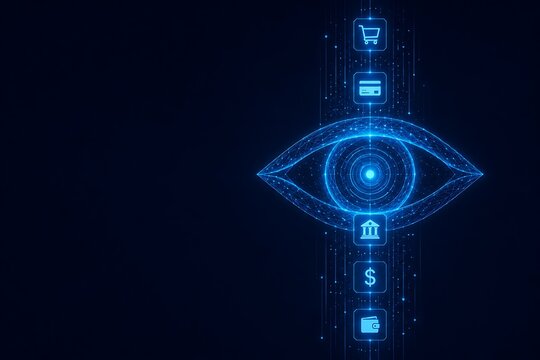 Futuristic glowing digital eye with financial icons aligned vertically. card protection transaction monitoring financial vertical technology. card protection