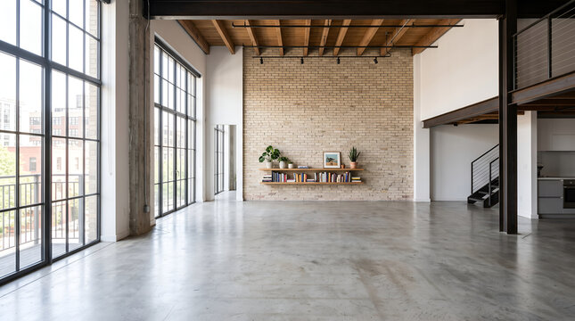 Empty modern industrial loft apartment with brick wall as a professional zoom background