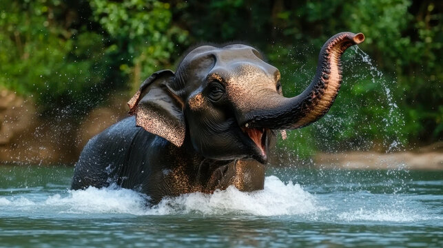 A male Asian elephant is enjoying bathing