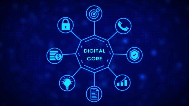 Neon blue abstract infographic diagram with interconnected nodes representing business goals communication security and data analysis on a dark digital map background Keywords: infographic diagram
