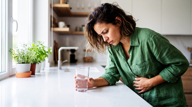 Woman holding glass of water experiencing stomach pain in modern kitchen setting.