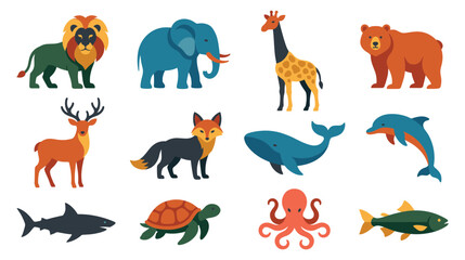Obraz premium Cute cartoon wild animals set of land and marine creatures icon.