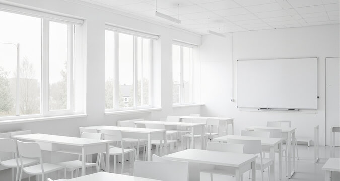 A bright and airy white classroom with large windows
