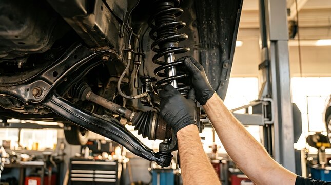 Automotive service technician hands handling black front suspension strut assembly during vehicle maintenance replacement procedure in specialized repair garage.