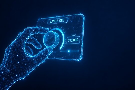 Digital hand adjusting a glowing control knob on a futuristic panel. card protection transaction monitoring adjusting futuristic technology. card protection