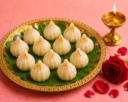Traditional Modak Sweets on Banana Leaf with Diya and Rose