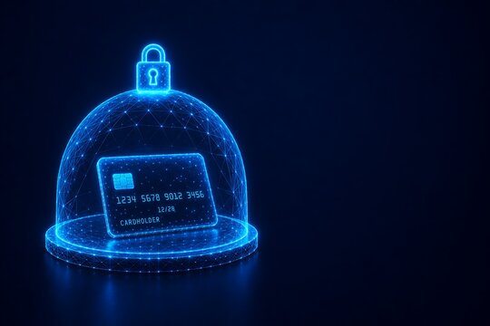 Digital credit card secured inside glowing blue wireframe dome and padlock. card protection transaction monitoring protection security. card protection
