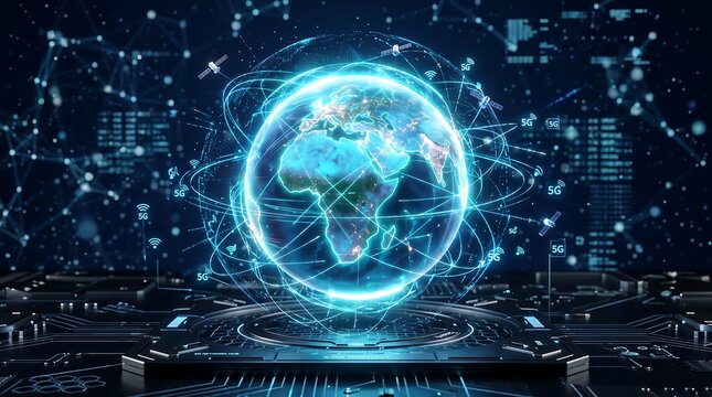 Digital Earth globe with glowing 5G network connections and data visualization technology.