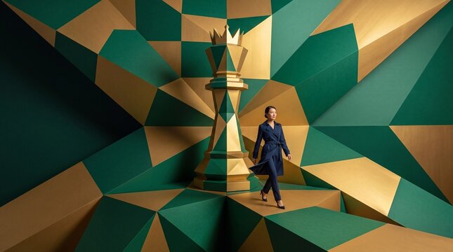 Businesswoman Walking Beside Large Chess Piece in Geometric Room