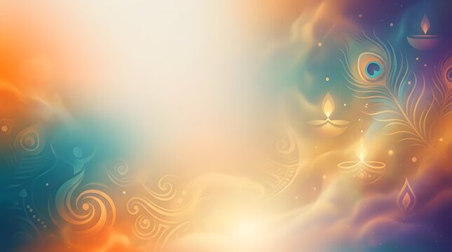 Festive Indian spiritual background with glowing oil lamps and peacock feathers for holiday celebration