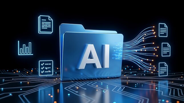 Smart ai document directory folder connected to illuminated fiber data streams on motherboard platform designed for corporate digital asset management tools.