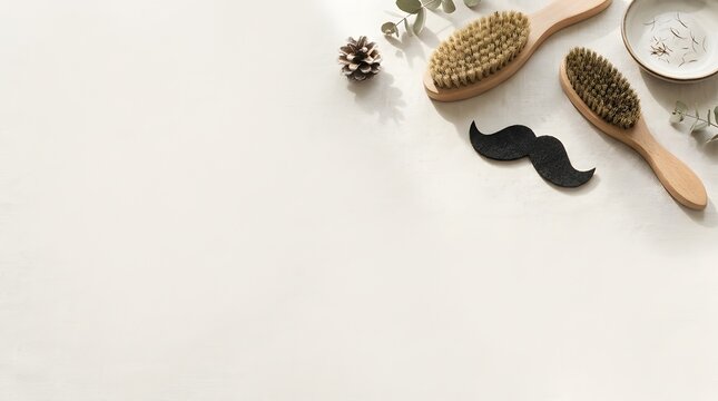 Flat lay view of wooden brushes and paper mustache symbol for men health awareness