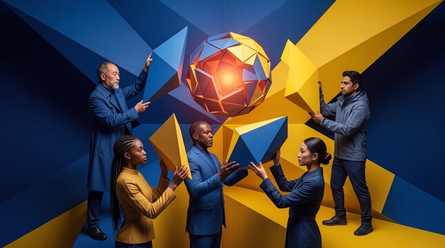 Diverse Business Team Collaborating on Abstract Geometric Project