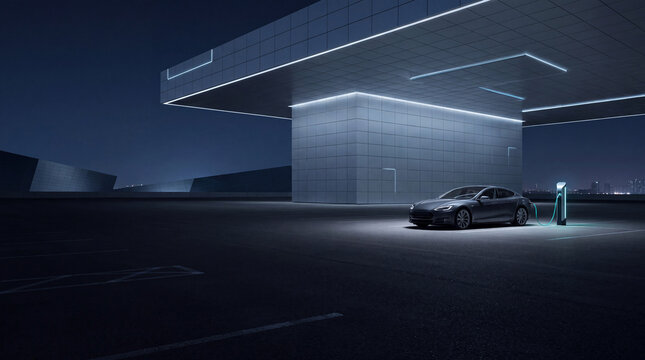 Electric Car Charging at Futuristic Station at Night