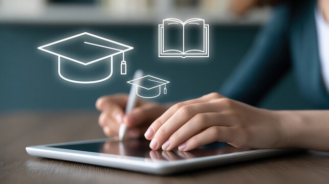 Professional's hands engage with a digital tablet and stylus, surrounded by illuminating academic symbols, highlighting flexible modern education and remote skill acquisition.