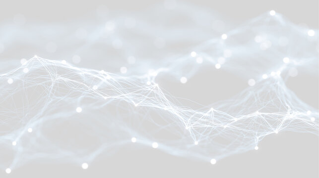 Digital white plexus network wave isolated on transparent background. Abstract technology wireframe mesh with light dots. Big data and cyber connection concept