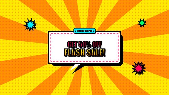 Flash sale coupon announcement graphic animation with vibrant yellow radial stripes and bold comic style typography for retail marketing footage