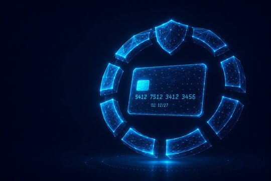 Digital credit card surrounded by glowing blue circular security shield and nodes. card protection transaction monitoring protection security. card protection