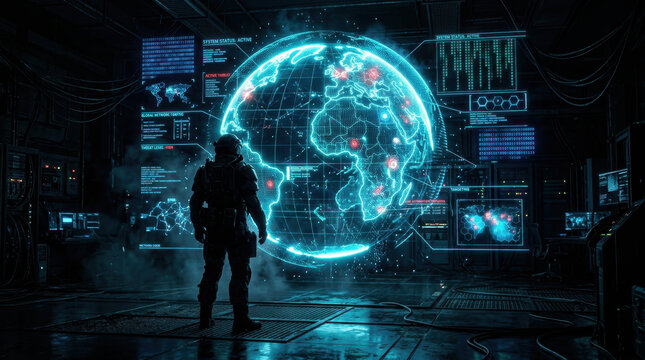 Military soldier standing in a high-tech command center looking at a global network map on a large screen.