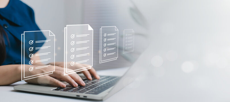 Digital document checklist concept showing a professional using a laptop with multiple virtual forms and checkmarks, representing task management, compliance, verification, productivity, and workflow.