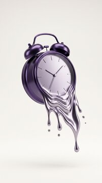 Surreal purple alarm clock melting into liquid metallic drips on a neutral background