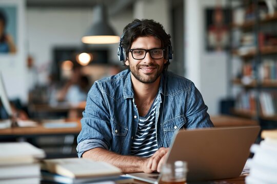 Smiling young man with headphones sitting at desk with laptop in modern office