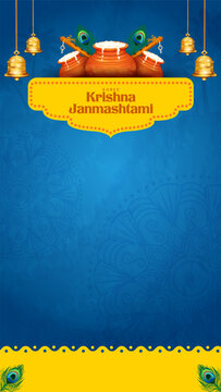Krishna Janmashtami Vertical Greeting Template with Butter Pots and Decorative Background