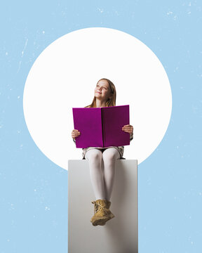 Childhood, literature and reading concept - happy little girl with book over flat design background.