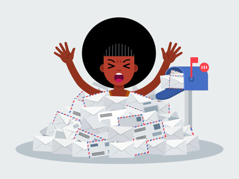 Stressed Black Woman Buried in Pile of Letters and Envelopes Next to Blue Mailbox