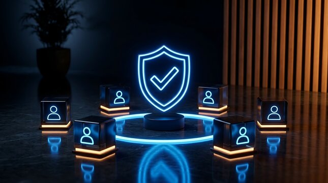Glowing neon shield with checkmark symbol surrounded by user icons in secure network concept symbolizing data protection, cybersecurity, and trust.
