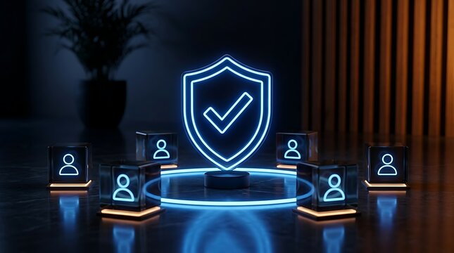 Neon shield with checkmark sign protected by user icons arranged in circle representing data security, cybersecurity, and digital trust in network.