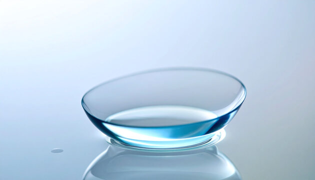 A clean, light blue contact lens rests on a glossy sterile surface with a soft reflection, evoking a feeling of clarity and pure vision. Ideal for optical care concepts. Nobody.