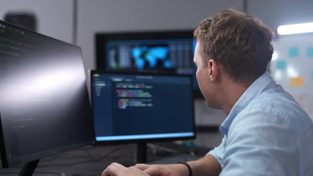 Male software developer coding on multiple monitors in dark office. IT programmer analyzing global network data on screen. Corporate cybersecurity technology and software development industry concept