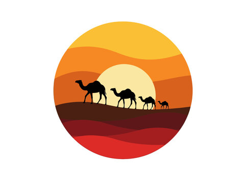 Minimalist vector illustration of a camel caravan walking through desert dunes during a vibrant sunset.