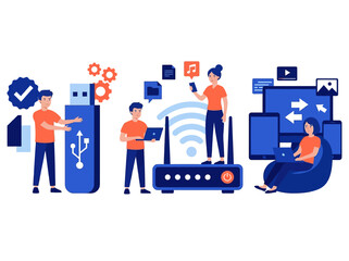 Naklejka premium Flat Illustration of People Using Data Storage, Wi-Fi Router, and Digital Devices