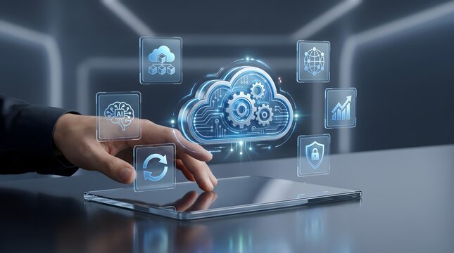 Cloud computing infrastructure concept with holographic gear cloud symbolizing digital transformation and secure data automation