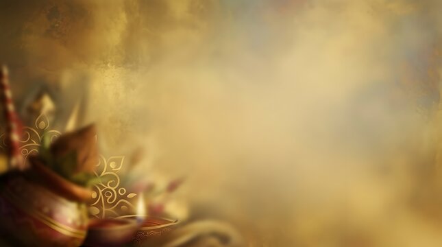 Golden festival background with ritual objects and glowing light for celebration