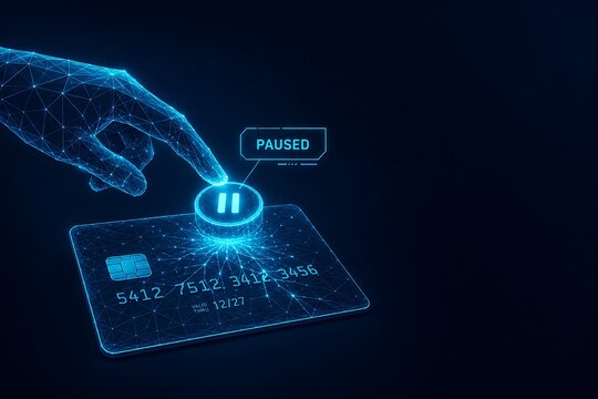 Wireframe robotic hand touching paused credit card with secure glowing digital interface. card protection transaction monitoring protection. card protection