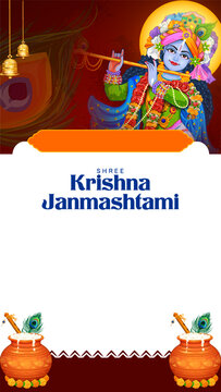 Krishna Janmashtami Vertical Festival Poster with Krishna and Traditional Indian Temple Decorations