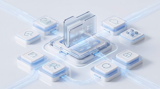 Centralized data management system concept with glowing digital folder and automated information synchronization network