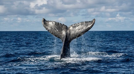 Naklejka premium Humpback whale fluke diving into deep blue ocean water