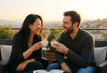Naklejka premium Work-life balance and social connection, happy diverse couple drinking coffee on a rooftop terrace at sunset for leisure and relaxation lifestyle