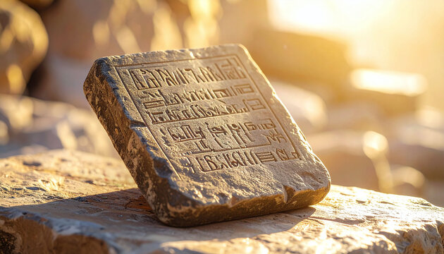 An ancient stone tablet with mysterious hieroglyphs glows in the warm golden sunset light at a lost historic archaeological site, evoking wonder and discovery nobody is present.