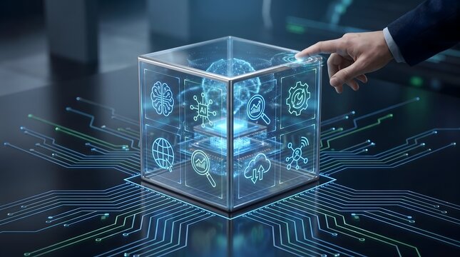 Enterprise artificial intelligence hub activation showing interactive digital brain and integrated cloud computing network
