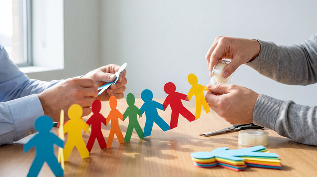 Hands taping paper chain people together to extend a colorful unity chain across a table
