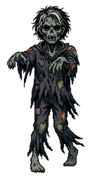 Retro pixel art illustration of a decayed Halloween zombie character shambling forward, full body, isolated on white background