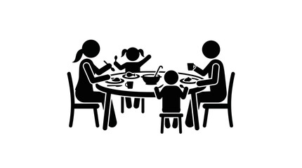 Fototapeta premium Family sitting together enjoying dinner at dining table silhouette.