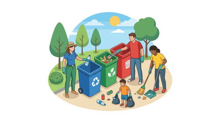 Fototapeta premium Family sorting waste into colorful recycling bins outdoors.
