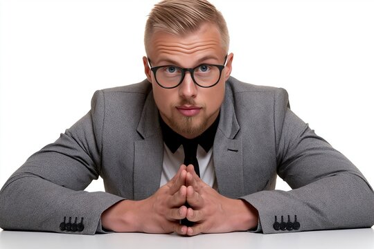 Man in a patterned gray blazer and glasses leaning forward with hands clasped on a white desk