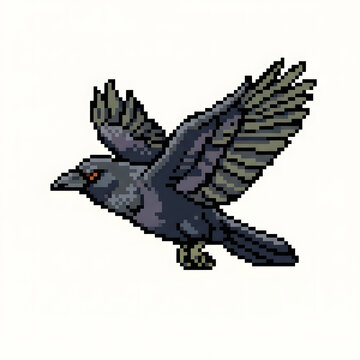 Pixel Art Gothic Raven Perched/Flying Illustration. Side view